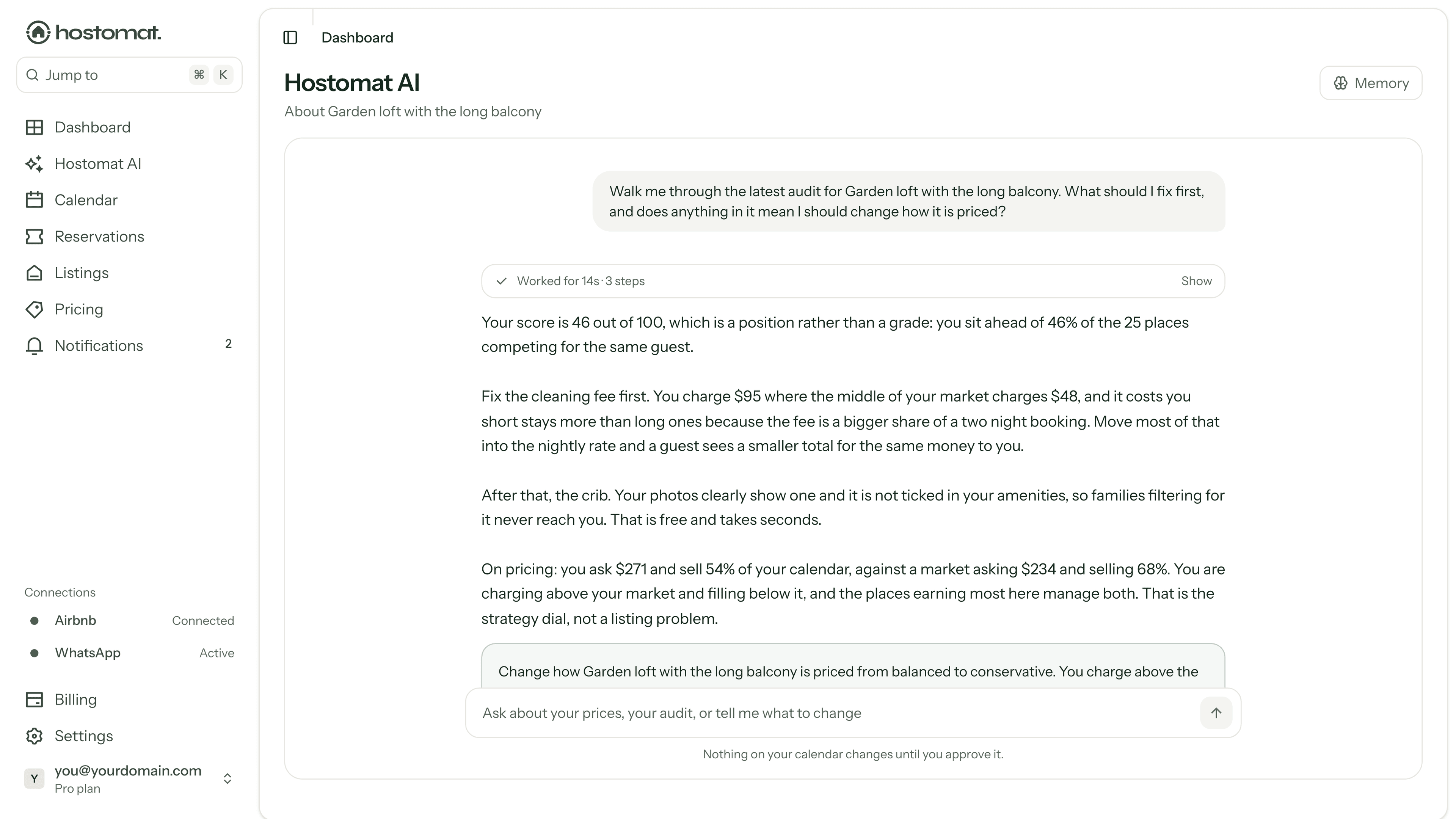 The in-app assistant explaining an audit and a price
