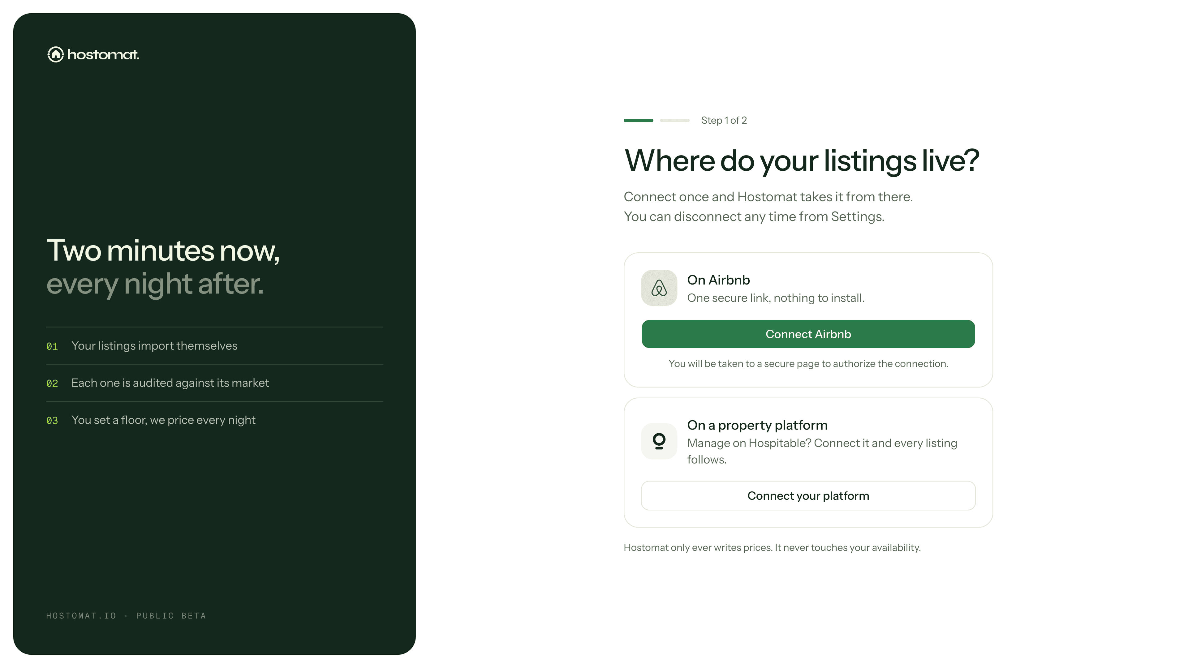 The connect screen with Airbnb and Hospitable options