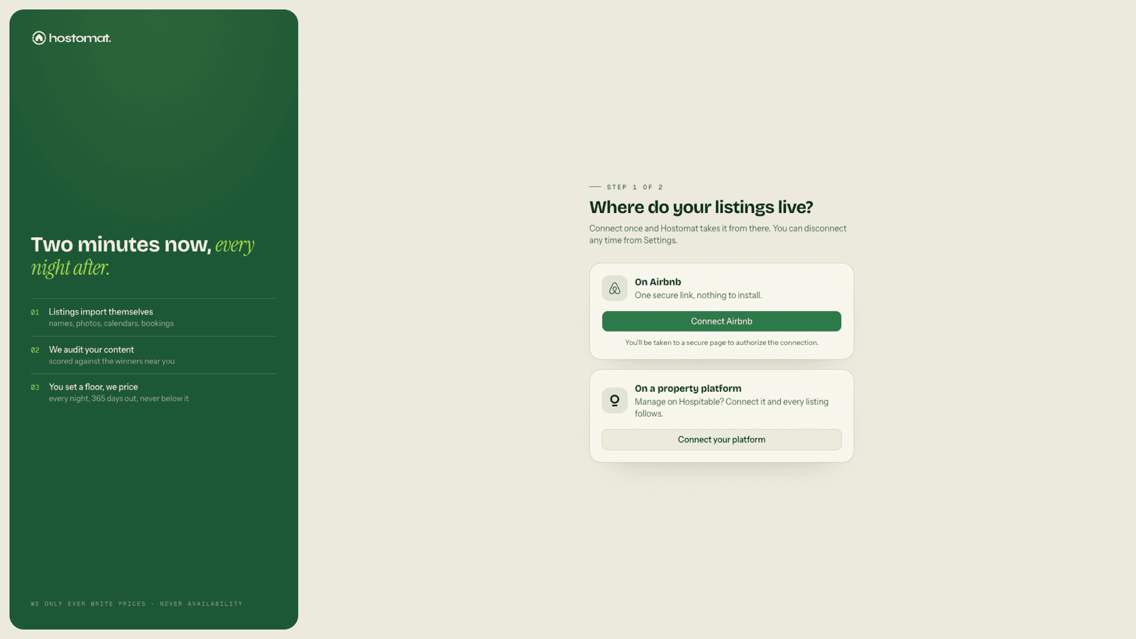 The connect screen with Airbnb and Hospitable options