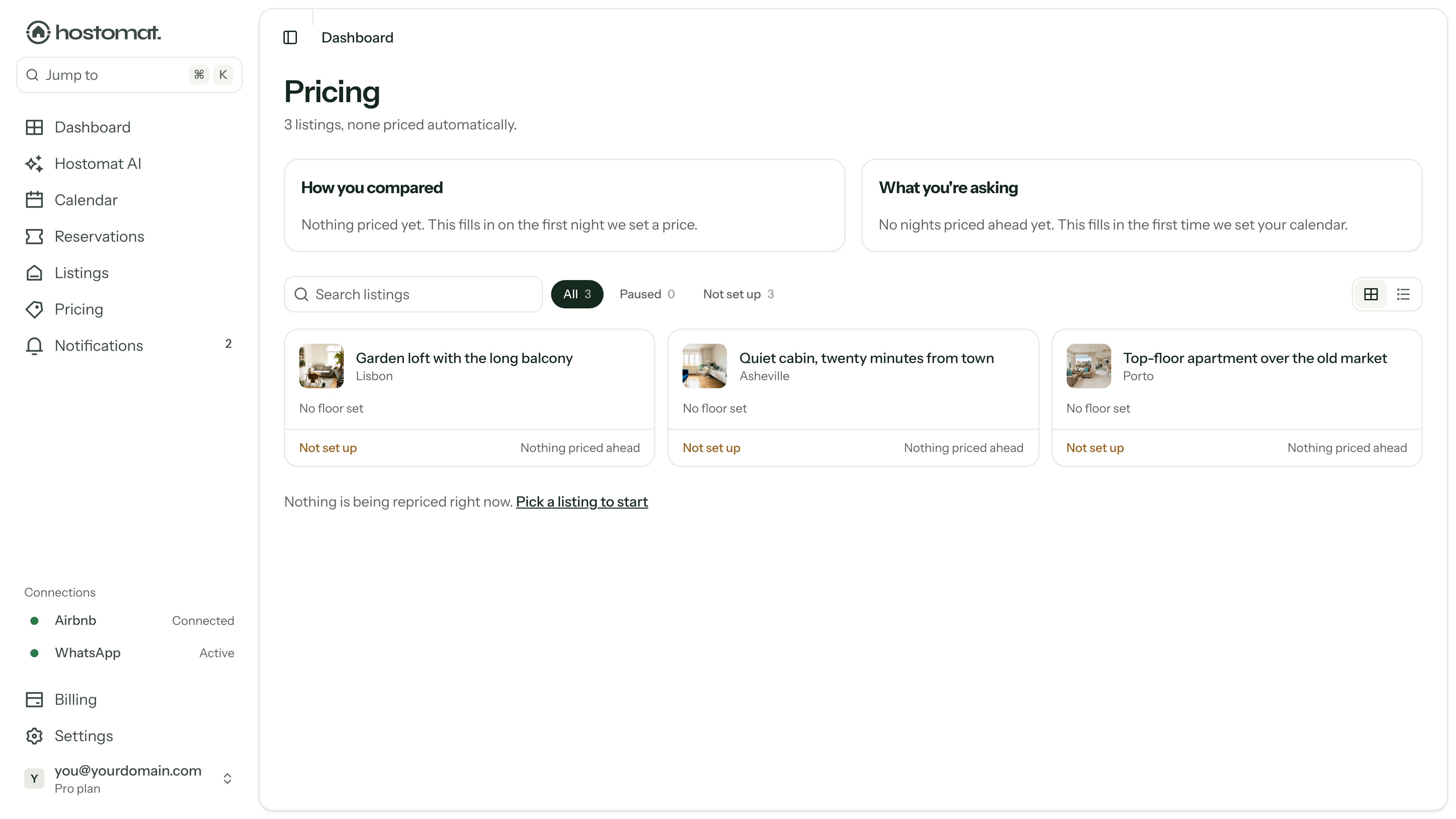 The pricing page with three listings not set up