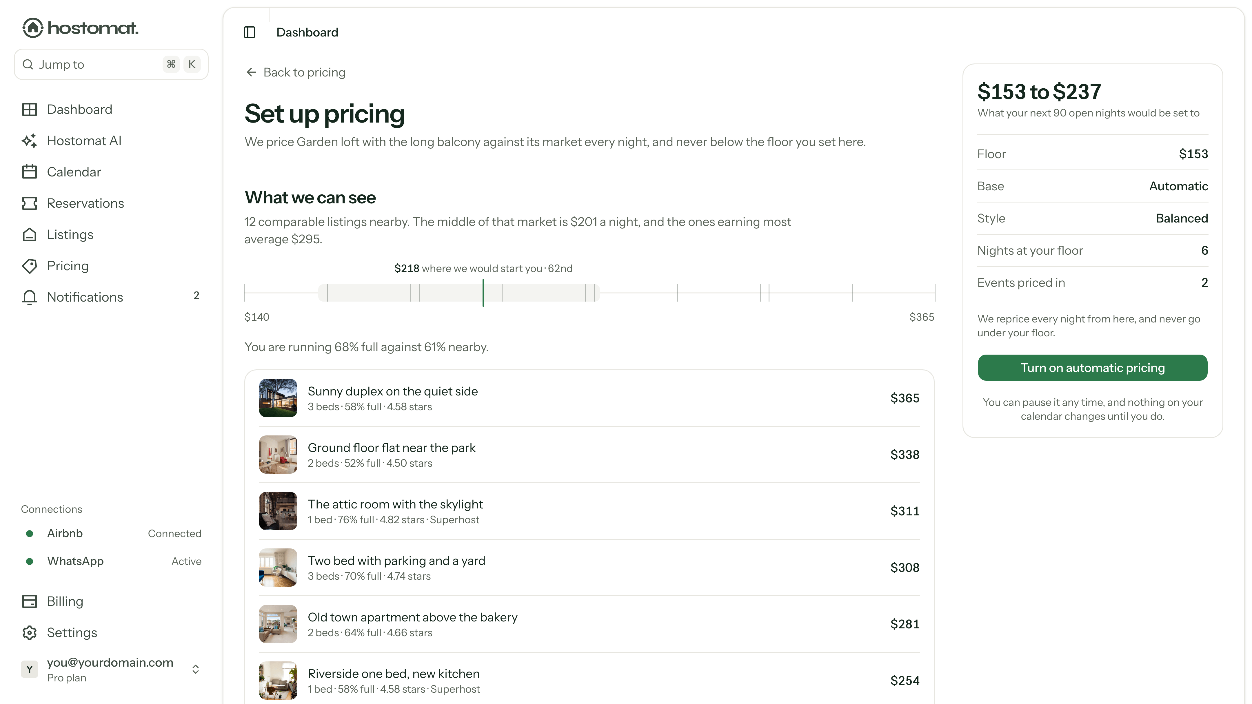 The pricing setup screen showing the comparable listings and the controls