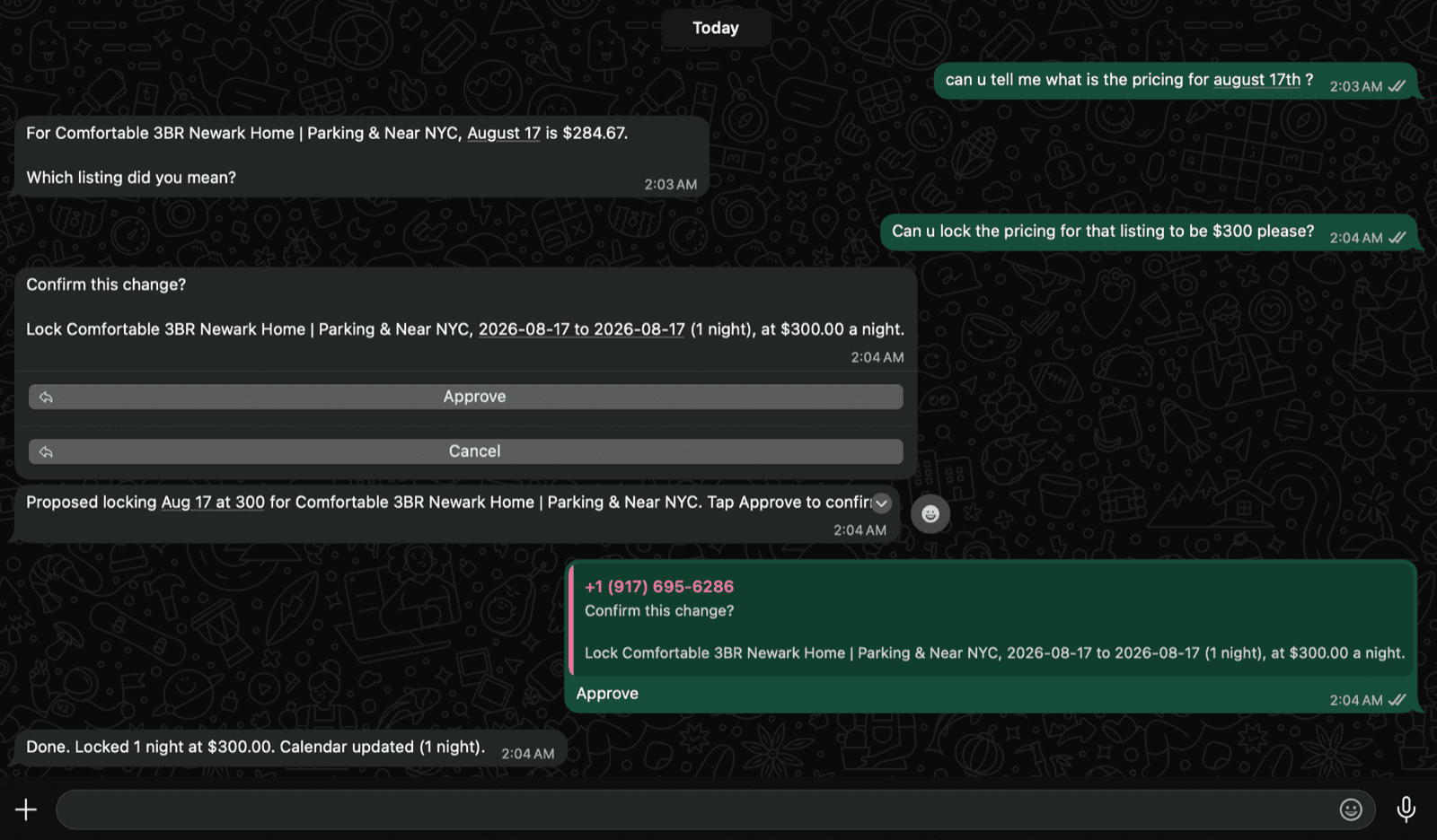 A WhatsApp conversation locking a price with an Approve button