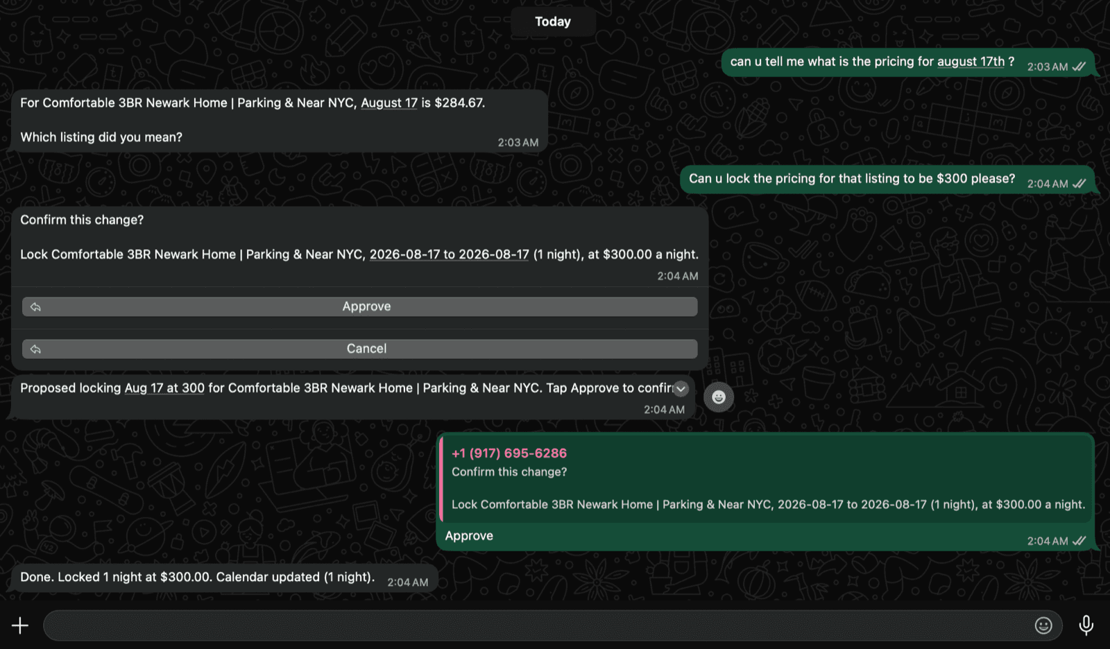 A WhatsApp conversation locking a price with an Approve button