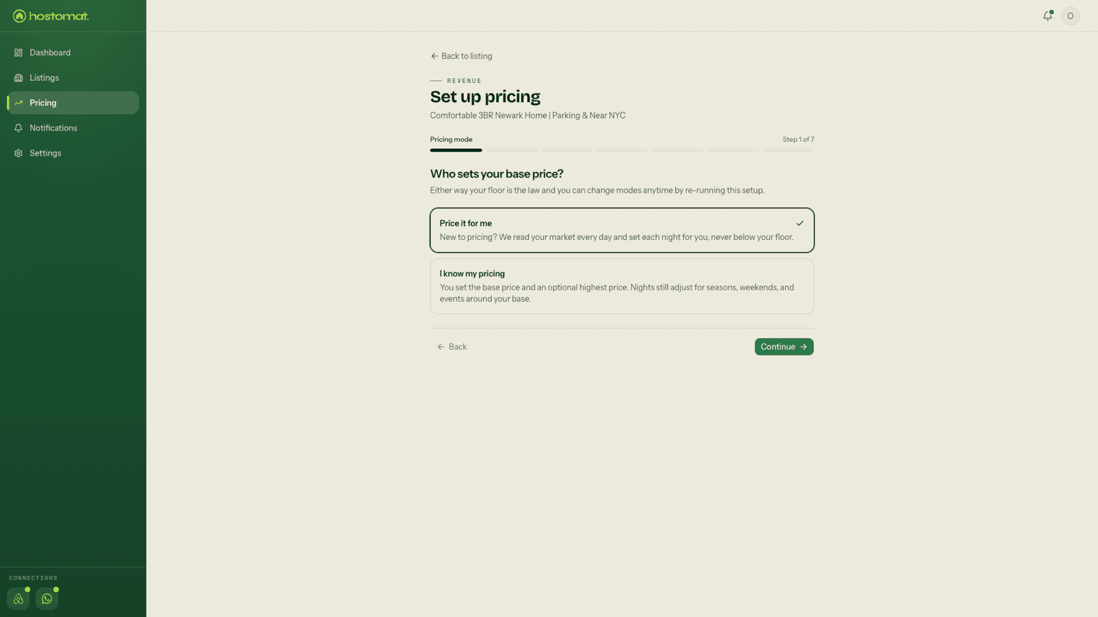 The pricing mode step of the setup wizard