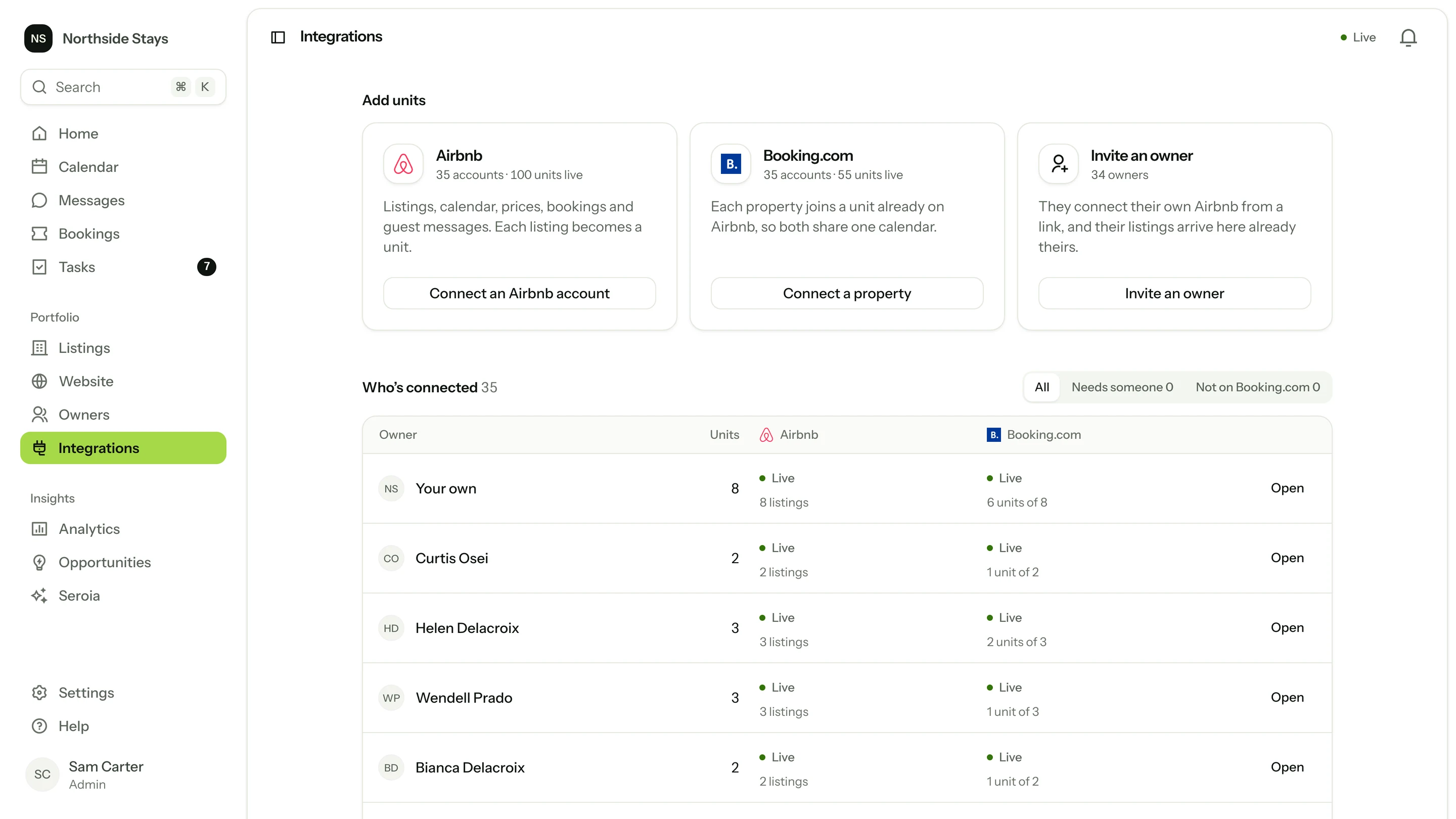 Integrations: Airbnb and Booking.com connected for 35 owner accounts, and Invite an owner.