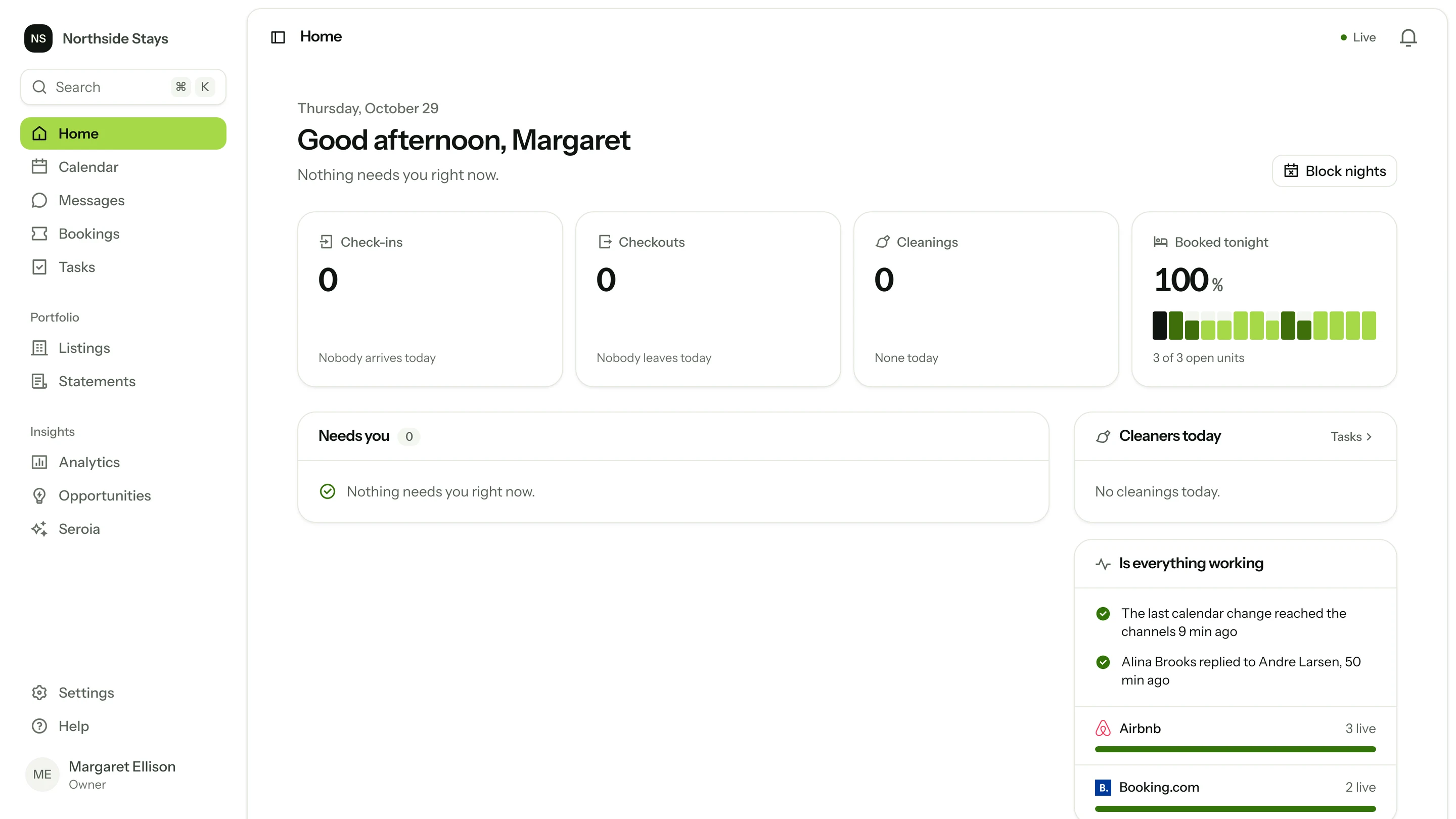 An owner’s own login: Home with only her three homes, and the pages an owner has.