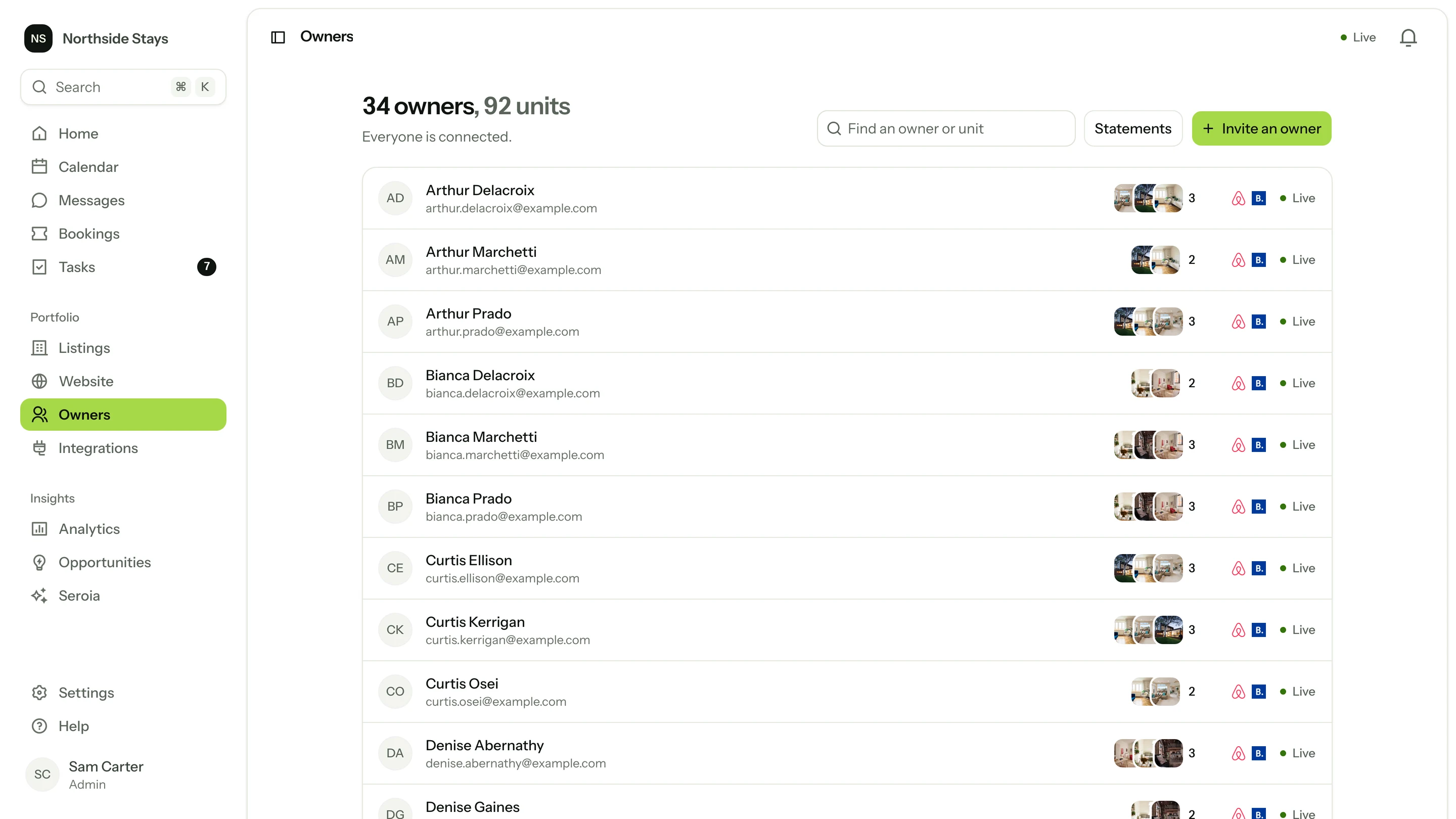Owners: 34 owners and 92 homes, each owner with their homes and their Airbnb and Booking.com live.