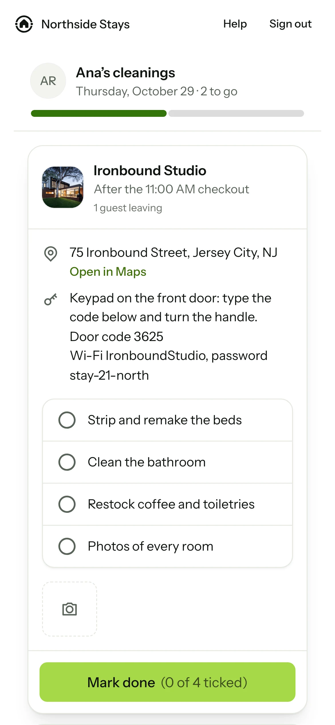 A cleaner’s phone: her cleanings for the day, the address, the way in, and a checklist.