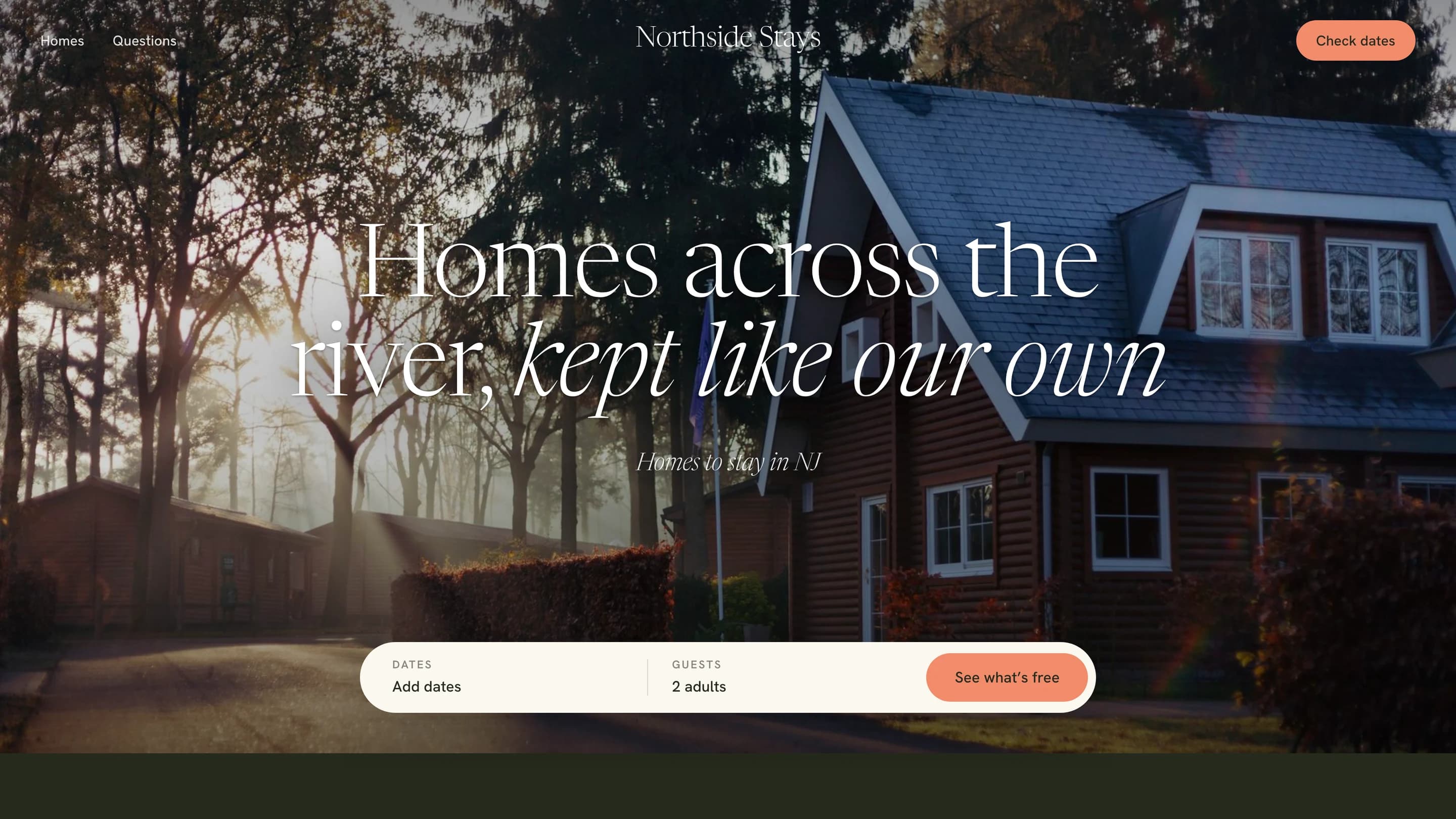 A direct booking site on the demo account: a photograph of a home, the site’s name, and dates to search.