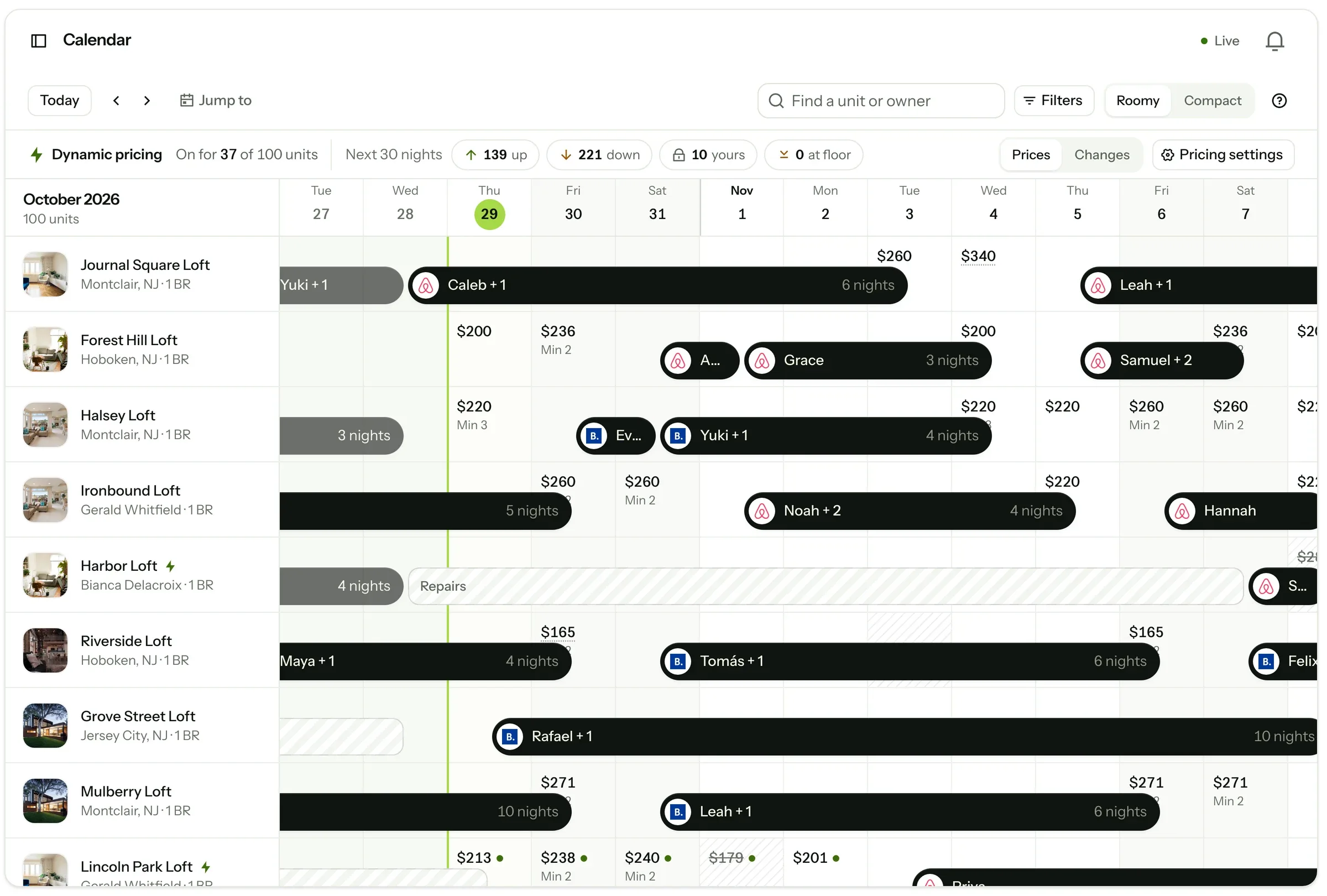 The calendar’s rows: each home with its owner, its stays and its prices night by night.