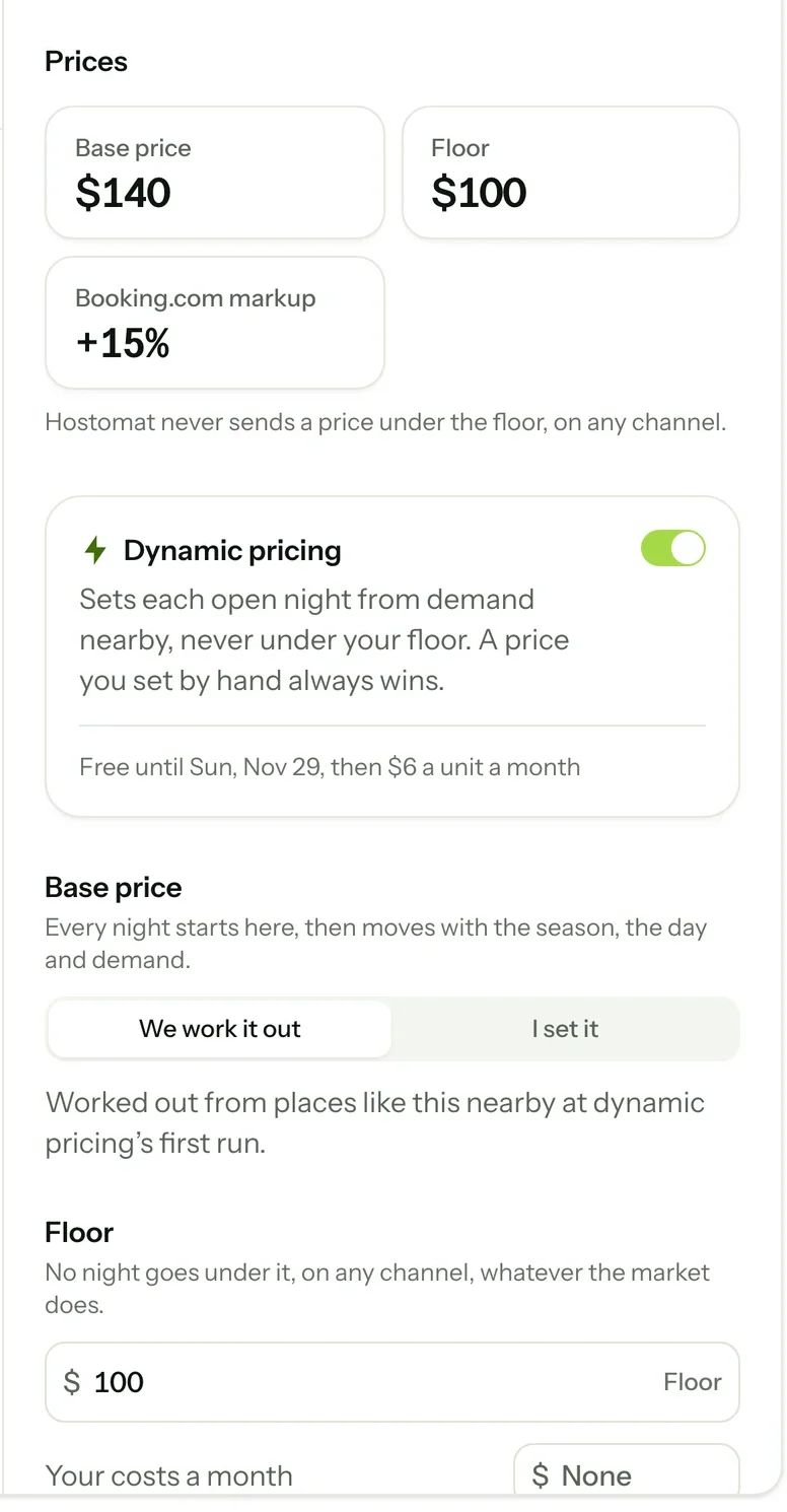 A home’s prices: a $140 base price, a $100 floor, a 15% Booking.com markup, and dynamic pricing switched on.