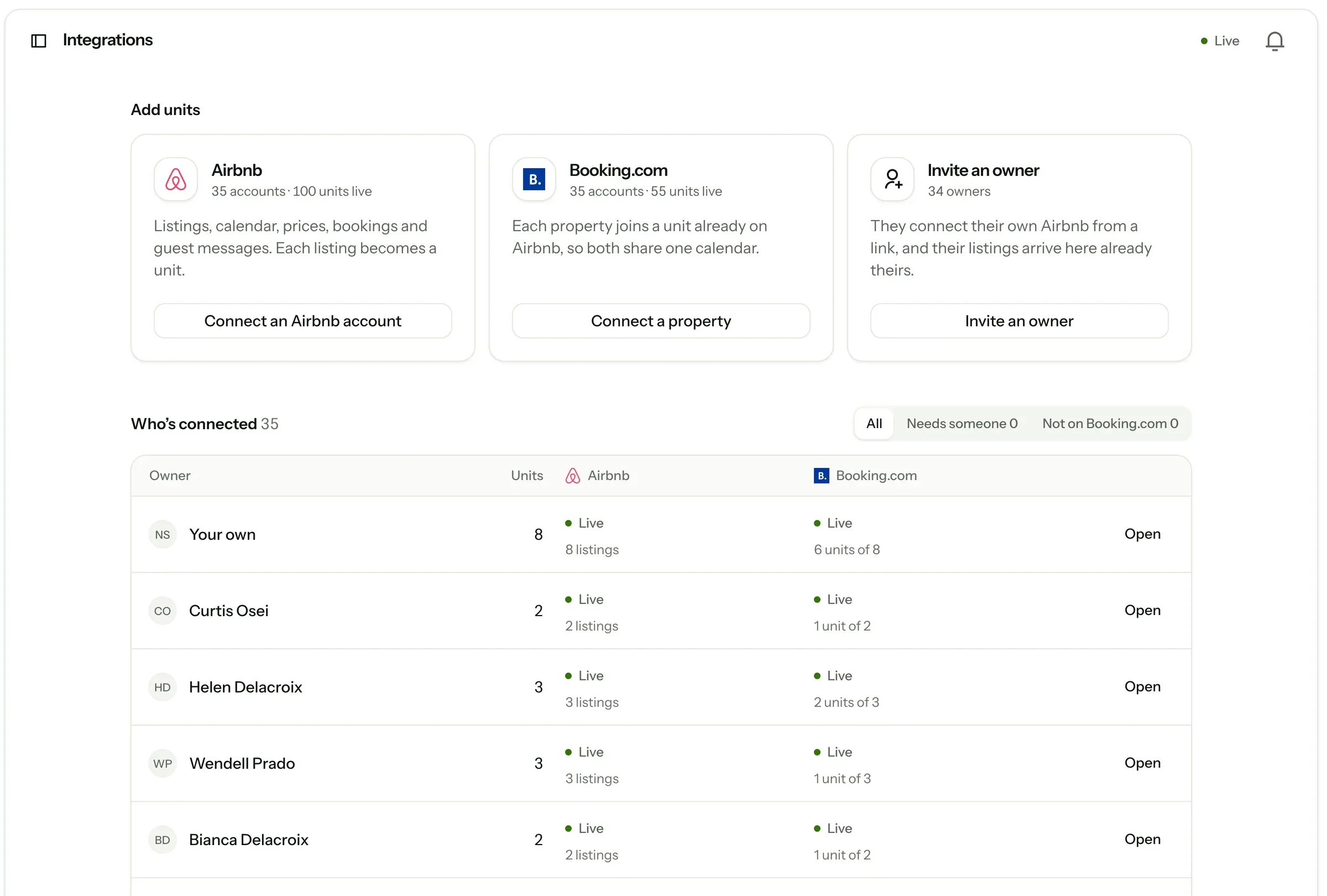 Every owner’s Airbnb and Booking.com, live, with Invite an owner beside Connect.