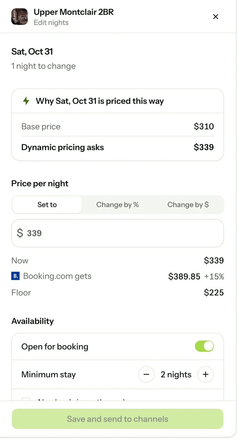 One night open on a home’s calendar: why it’s priced as it is, what Booking.com gets with a 15% markup, the floor, and the minimum stay.