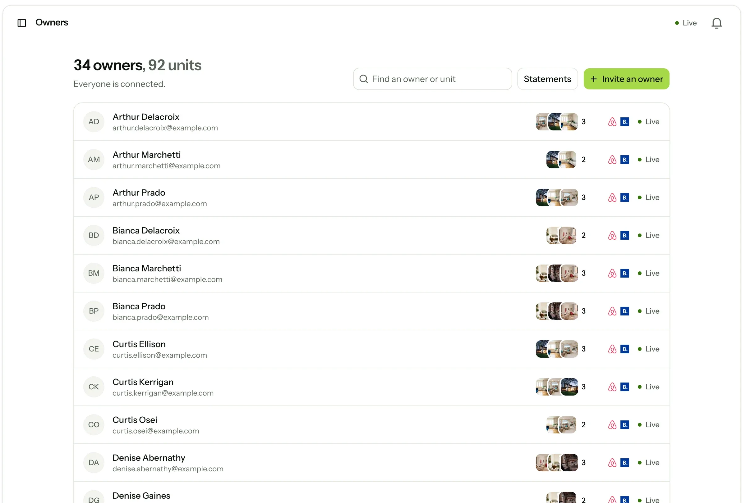 The owners list: each owner, their homes, and both channels live.