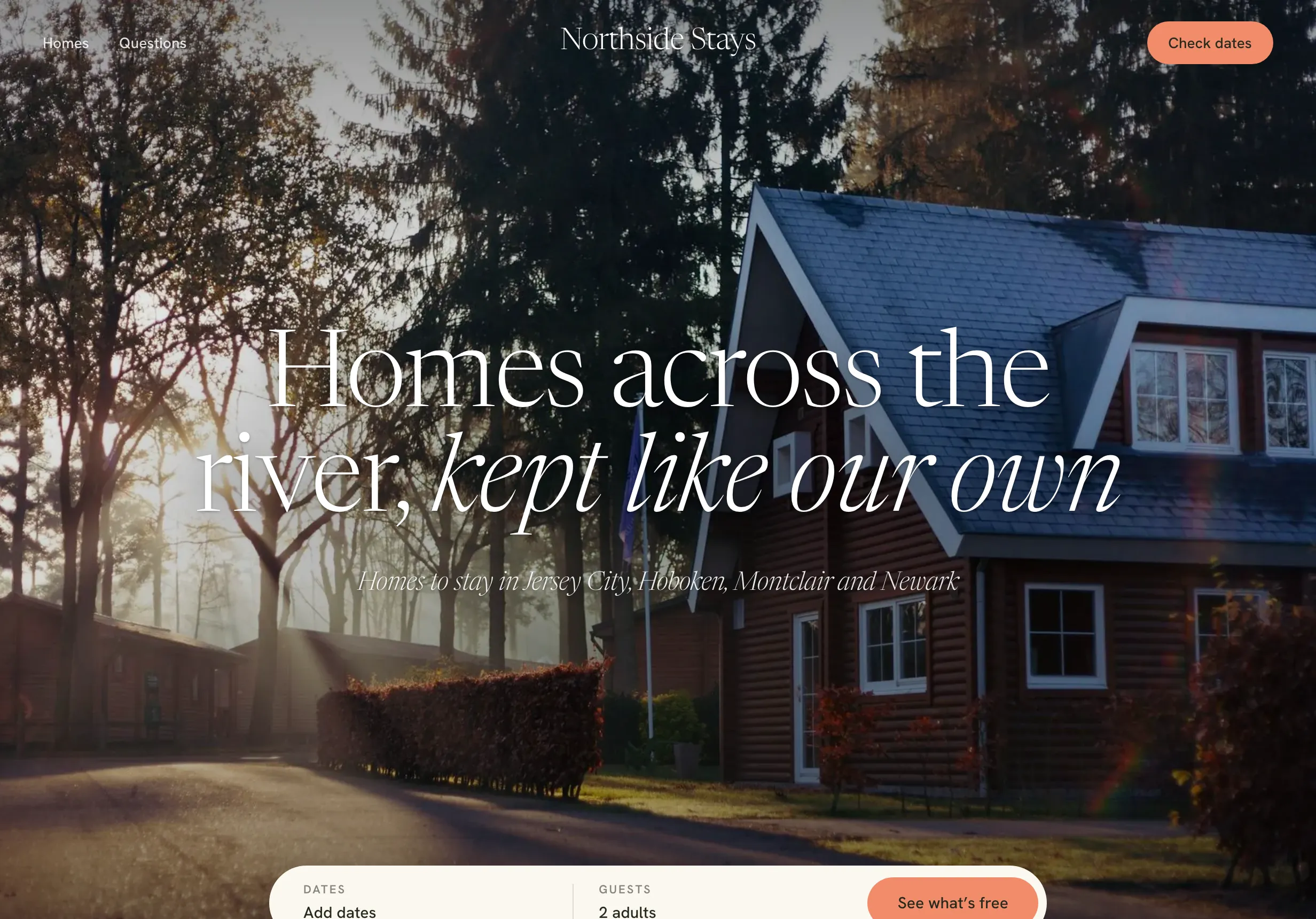 The Country house template on the invented account's direct booking site: serif headings, arches, a dark band.